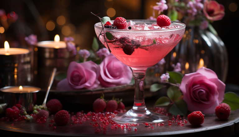 a glass with a drink and berries